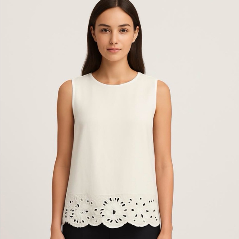 Sleeveless White Eyelet-Hem Blouse